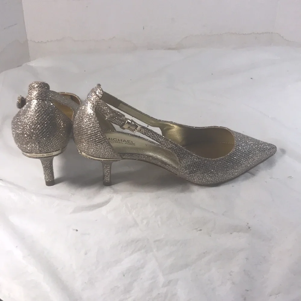 Michael Kors Elegant Sparkly Metallic Gold Women's Adjustable Kitten Heel Pumps